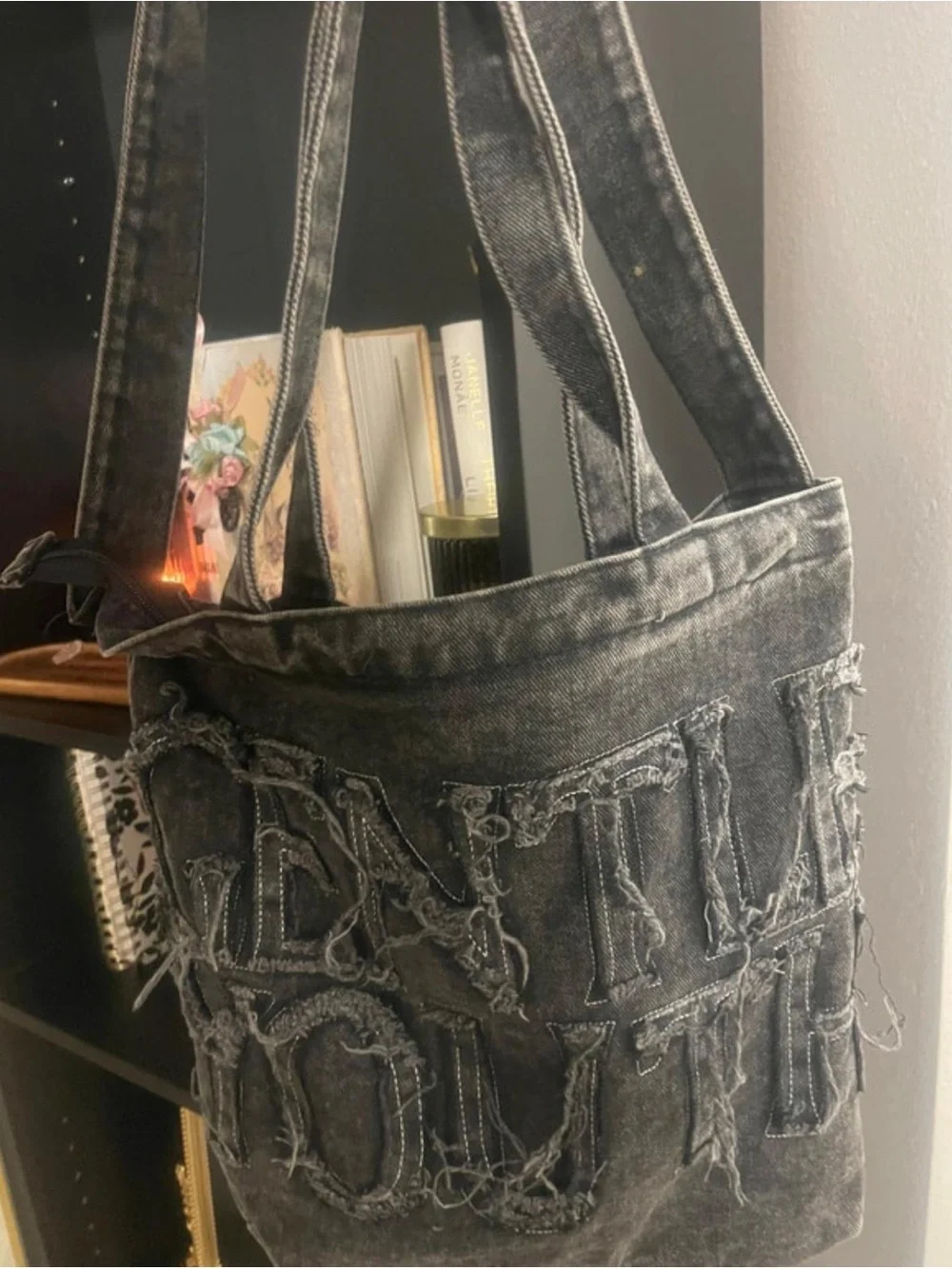 Gentle Youth Denim Tote Bag with Frayed Lettering - Black